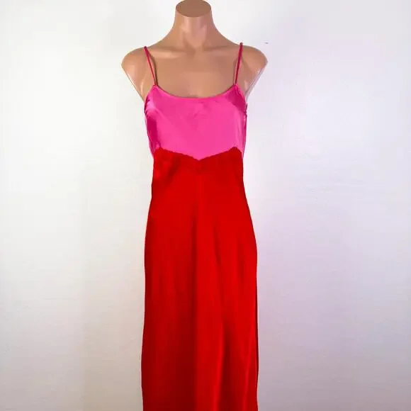 Gianni Bini Helena Satin Silky Lace Maxi Slip Babydoll Dress Pink Red Sz 4 NWT - Picture 4 of 12
